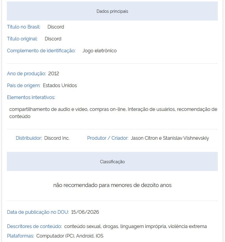 Classificação indicativa do discord no site oficial do governo federal