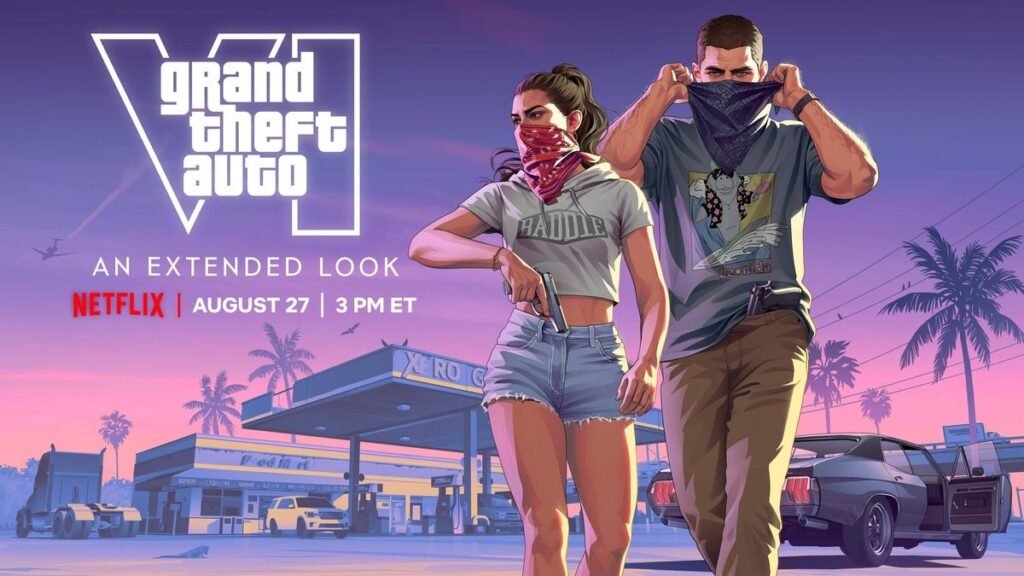 Jason e Lucia mascarados diante de um posto na arte oficial de GTA VI: An Extended Look.